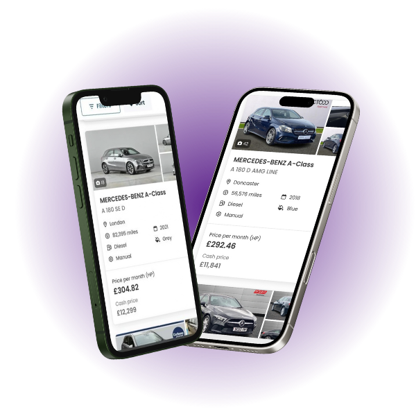 Two smartphones displaying online Mercedes car marketplaces, sat at angles to one another, with a purple glow behind.