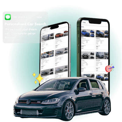 A black VW Golf GTI in front of two phones at angles to one another, displaying an online car search marketplace. A message bubble sits in the top left of the page, making the reader aware Marsh Finance's car search service.
