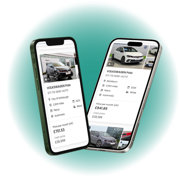 Two Iphones at angles to each other, displaying online car marketplaces for VW Polos, with a green blur sat behind both.