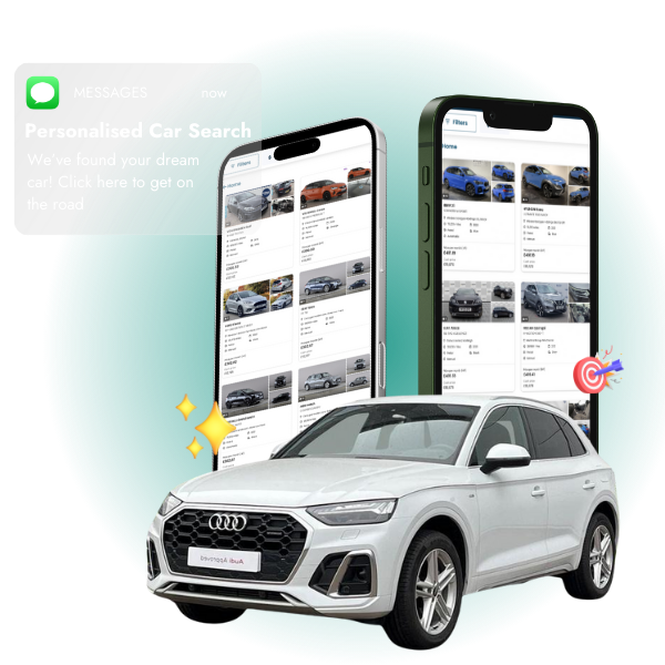 A white Audi Q5 in front of two smartphones displaying online car searching, with a message bubble in the top left corner informing the reader of a personalised car search.
