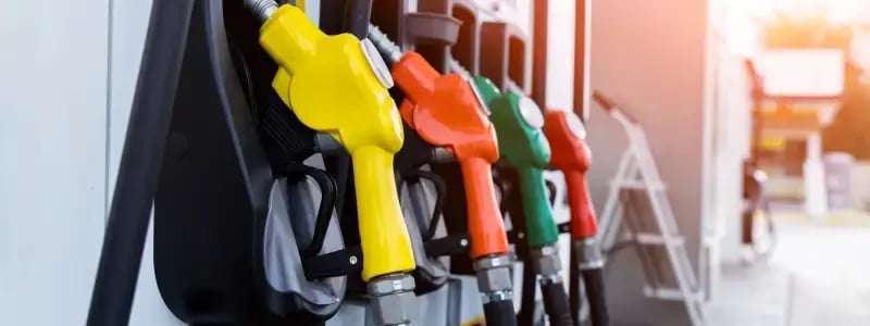 A row of fuel pumps, all in different colours.