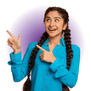 A person smiling and pointing to one side.