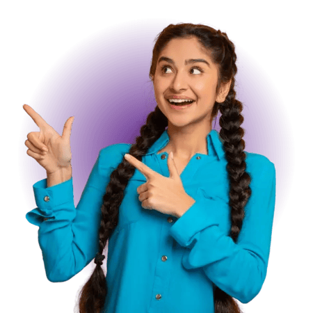 A person smiling and pointing to one side.