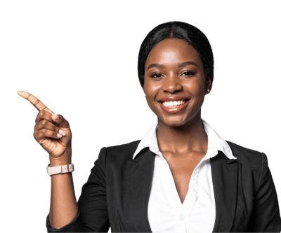 A businesswoman pointing to her right whilst smiling.