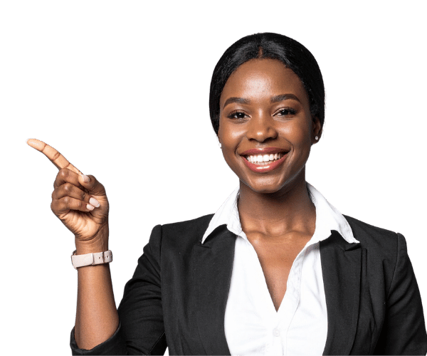 A businesswoman pointing to her right whilst smiling.