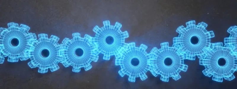 Digital blue cogs connected in a horizontal line, indicating connection and process.