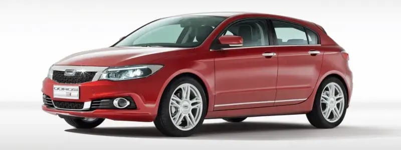 A red Qoros car against a white background.