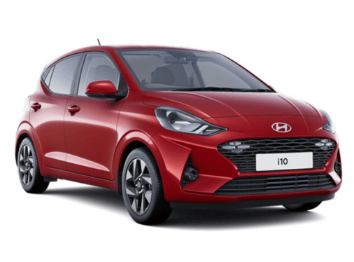 A red Hyundai i10 against a white background.