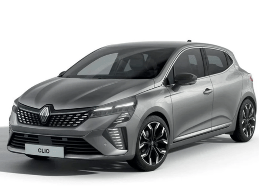 A grey Renault Clio against a white background.