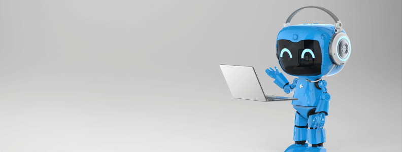 A blue robot interacting with a floating laptop against an empty grey screen, representing AI chatbots.