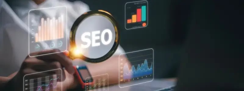 Floating data charts and a magnifying glass with 'SEO' written on.