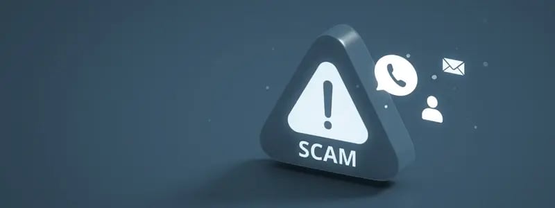 A side on triangle warning of scams with floating communication icons emerging from behind the triangle.