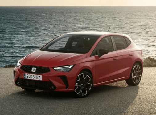 A red Seat Ibiza in front of the sea.