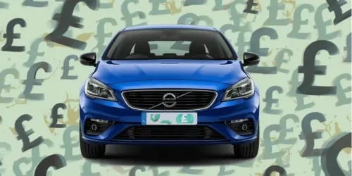 A blue Volvo in front of pound signs floating on a green background.
