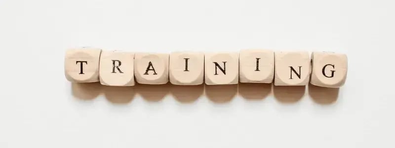 Letter blocks put together to spell 'TRAINING', against an off white background.