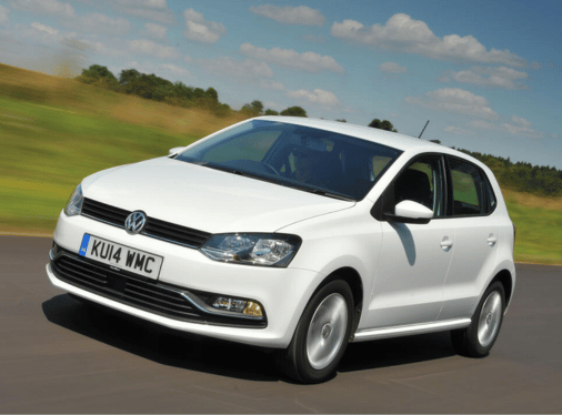 A white VW Polo on a road.