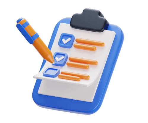 A 3D icon of a pen writing a checklist on a clip board.