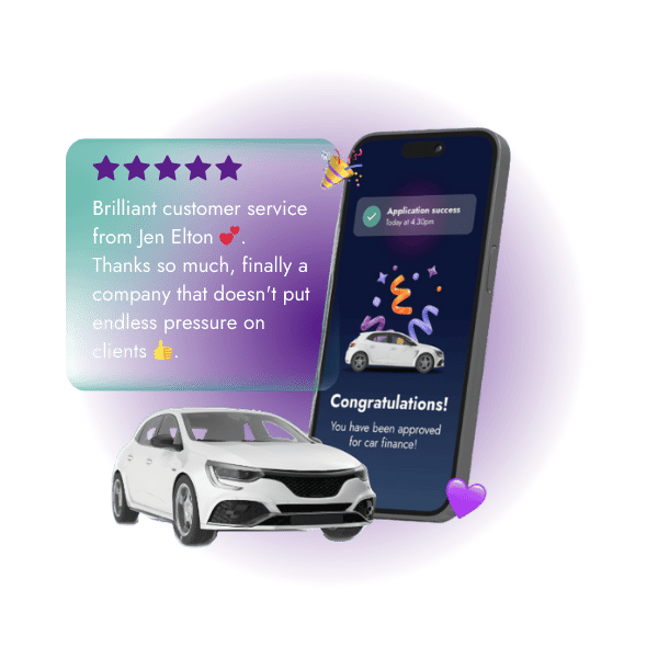 A phone next to a car with a positive testimonial above it