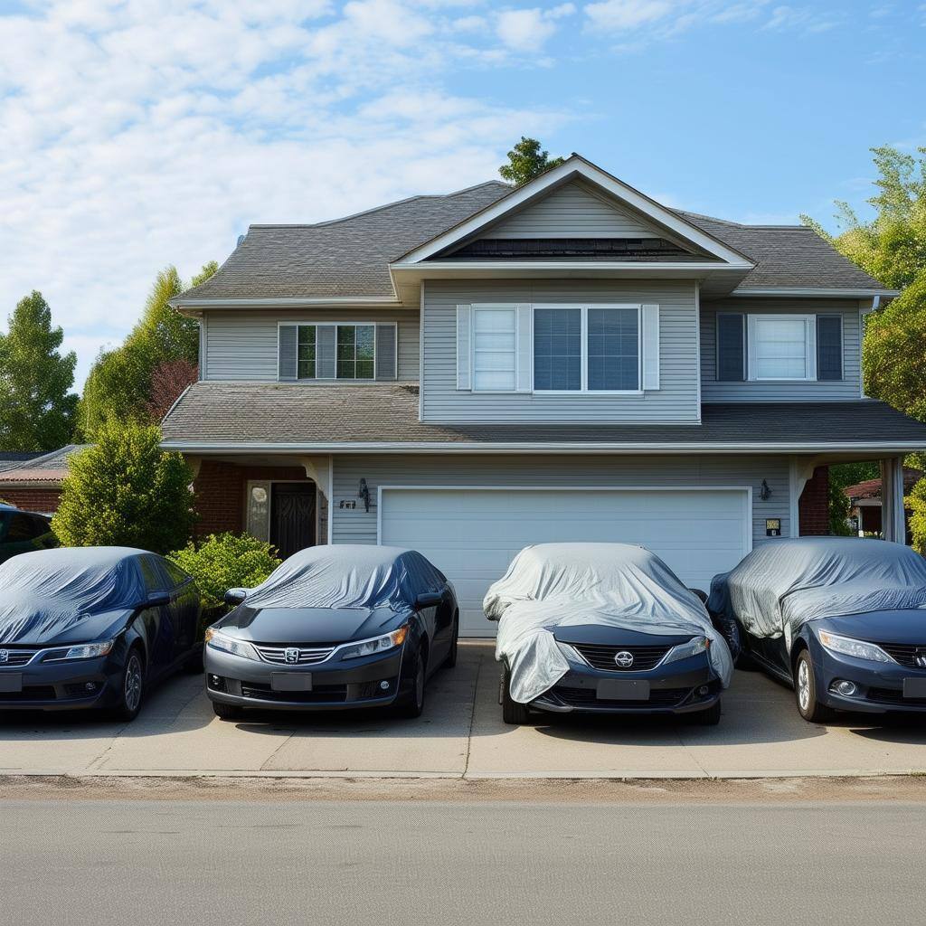 An image of multiple cars parked in front of a house, all covered by one insurance policy-1