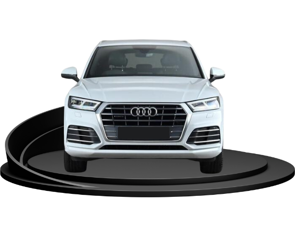 A white SUV Audi on a swirling podium, against an empty background.