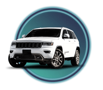 A white SUV against a blue/teal gradient background in a circle.
