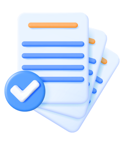 A 3d icon of multiple documents with a tick on.