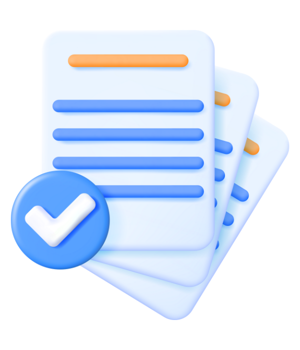 A 3d icon of multiple documents with a tick on.