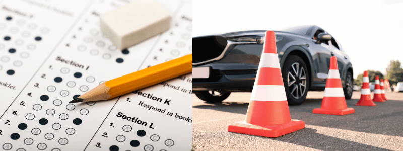Two images side by side, one showing a theory test and the other a practical test.