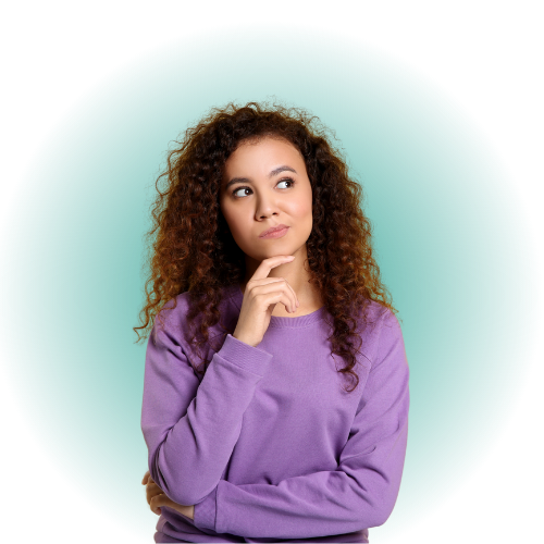 Young woman with curly hair wearing a purple jumper, standing with one hand on her chin in a thoughtful pose and looking slightly upward. Teal circular background graphic behind her.