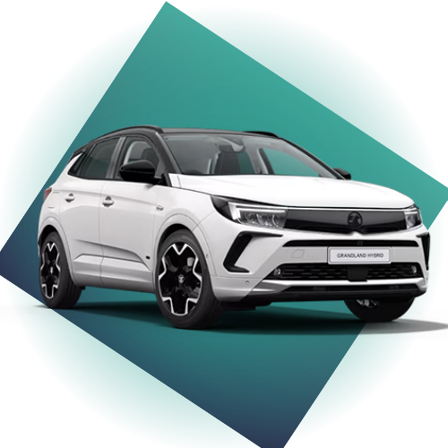 A white SUV side on with a glowing gradient geometric shape behind it.