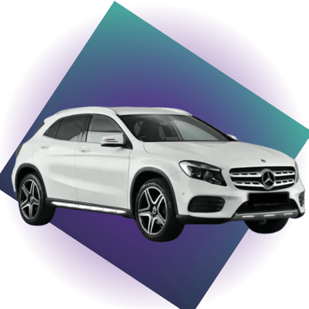 A white Mercedes SUV side on with a glowing gradient geometric shape behind it.