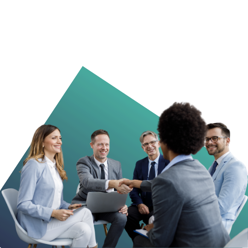 People engaging in a business meeting, with a large triangle geometric shape in the background.