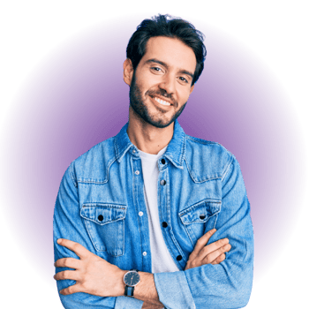 A person smiling with their arms crossed, and a purple glow behind them.