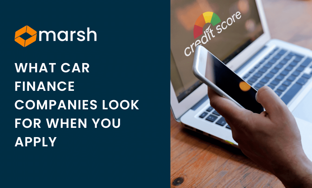 A graphic with the Marsh logo at the top left with text below. There is a picture that covers the other three quarters of the graphic which depicts someone looking at credit score on their laptop whilst holding a phone in their left hand and a mouse in the other.