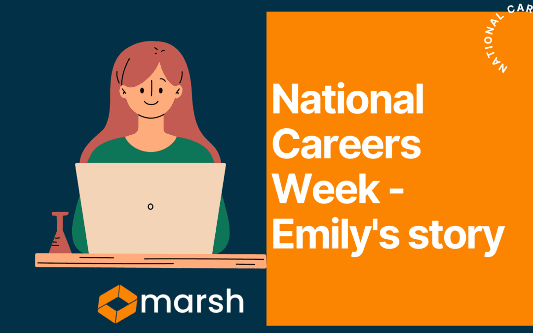 A graphic made by Marsh Finance advertising our national careers week. A person is working at a laptop with text to the side.