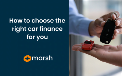 A graphic produced by Marsh Finance. On the left hand side there is white text with the Marsh logo underneath. On the right hand side of the graphic is an image of someone handing someone else car keys whilst they already have a toy car in their hand.