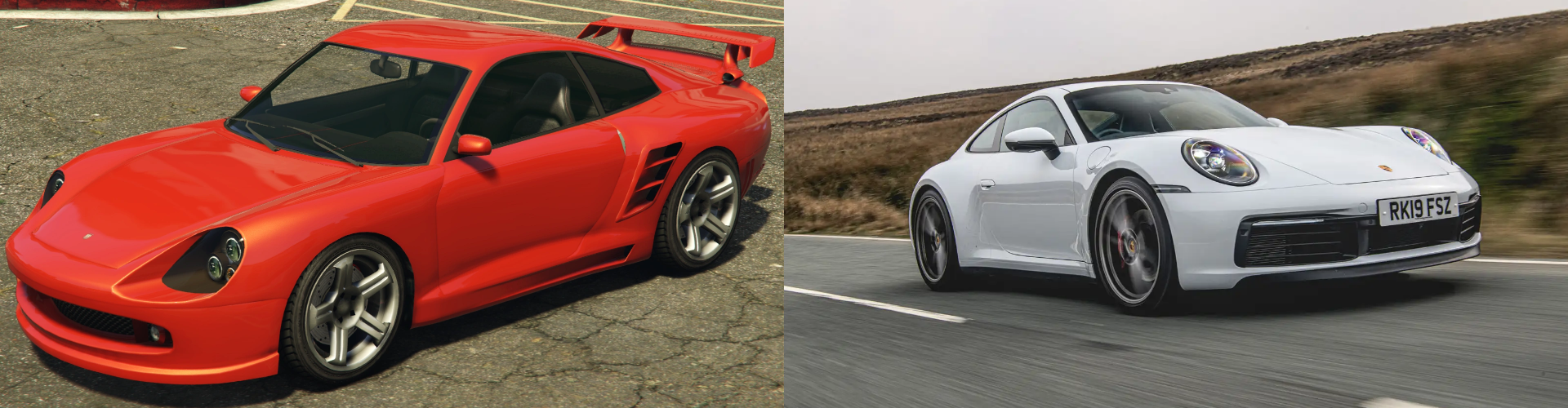 A side by side view of a virtual and real Porsche 911.