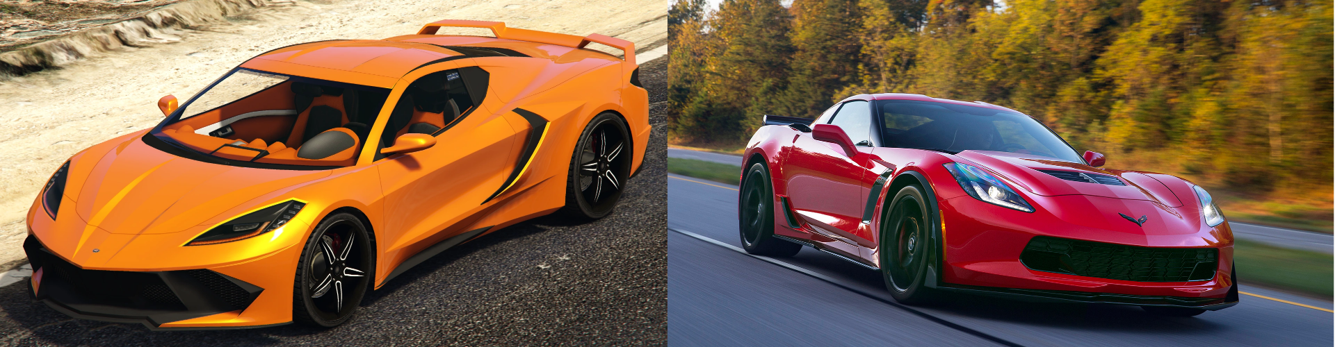 A side by side view of virtual and real Corvette.