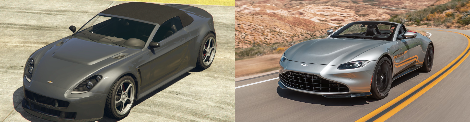 A side by side view of a virtual and real Aston Martin Vantage.