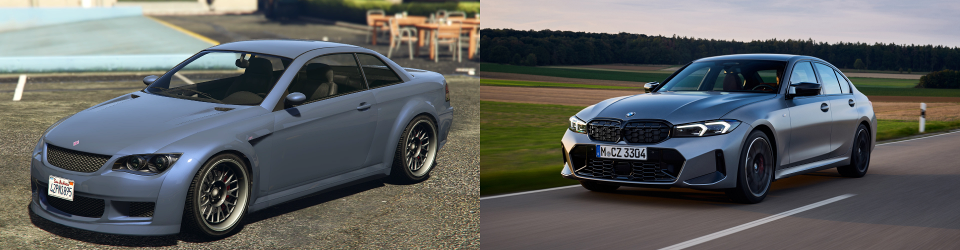 A side by side view of a virtual and real BMW 3-Series.