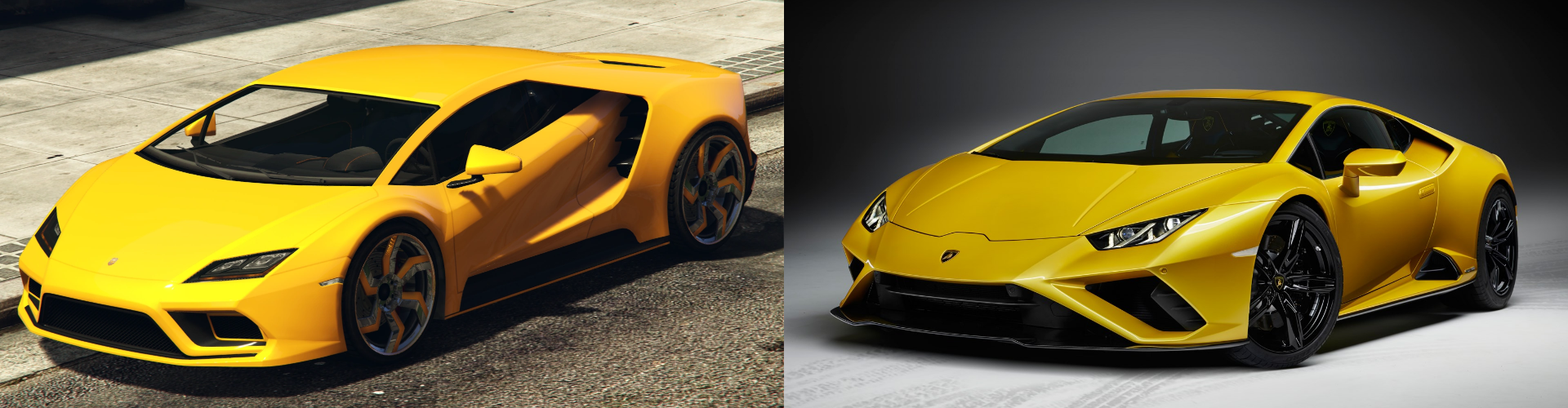 A side by side view of a virtual and real Lamborghini Huracan.