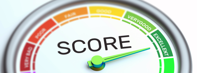 A credit score dial with the pointer facing to a strong score.