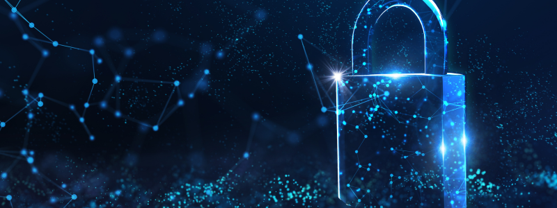 A digital illustration of a glowing blue padlock with a network of connected lines and dots, symbolizing cybersecurity and data protection.