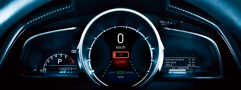 A car dashboard showing low battery percentage.