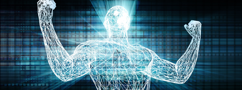 A person built using digital strands, representing the growth of digital. 