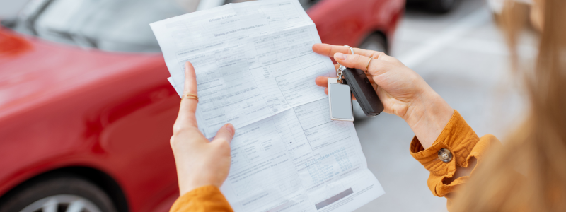 A person holds a contract up with car keys in one hand and a car in the background,