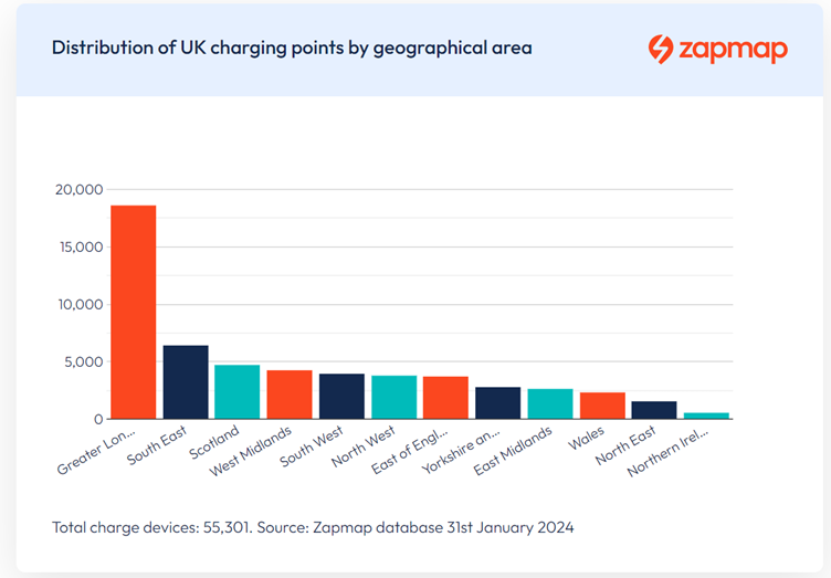 A map produced by Zapmap showing the distribution of EV charging stations across the UK.